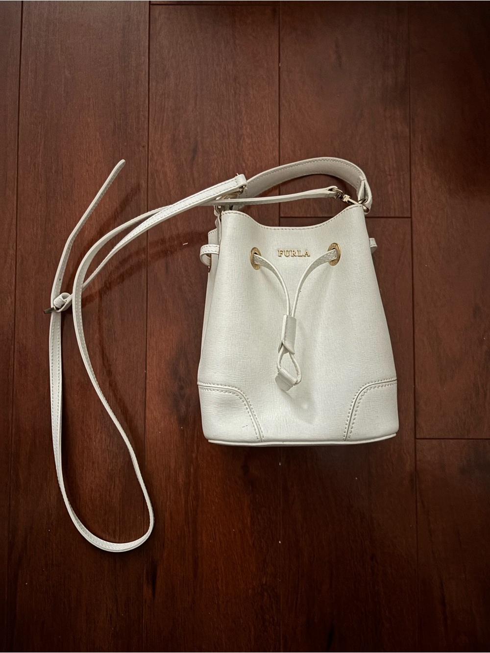 Furla Cream Leather Drawstring Crossbody Bucket Bag